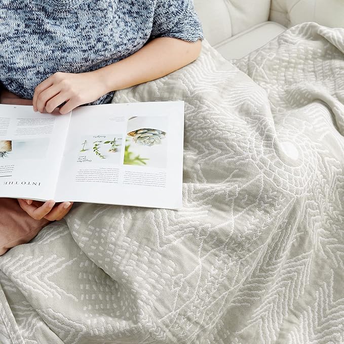 jinchan Boho 100% Cotton Muslin 50x60 Throw Blanket Lightweight 3-Layer Light Grey Blanket Washable Reversible Breathable Decorative Geometric Striped Patterned Soft Cozy for Sofa Bed All Season Gift