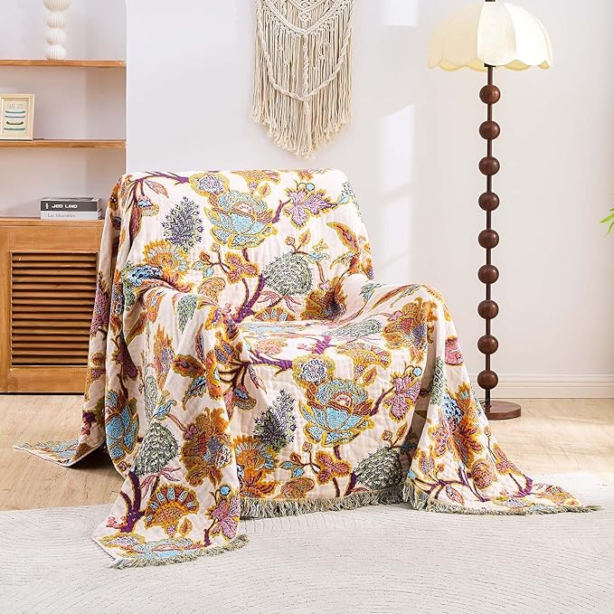 Boho Throw Blanket for Bed, 100% Cotton Soft Rustic Quilt Fall Blanket, 90"x98" Floral Printed Farmhouse Decor Bed Blankets, All Season Rustic Reversible Bohemian Throw Quilt
