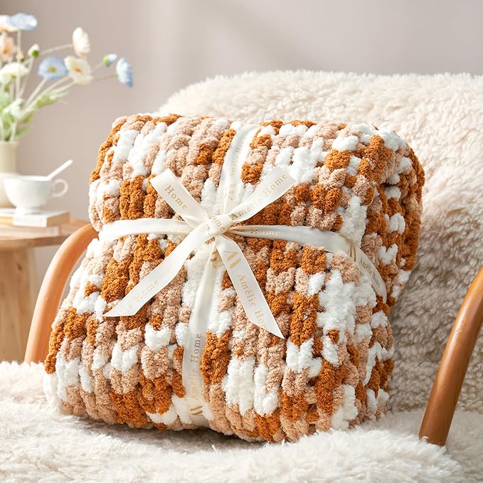 Amélie Home Chunky Knit Throw Blanket for Couch, Soft Chenille Crochet Blanket for Sofa, 50"x60", Space-Dyed Burnt Orange