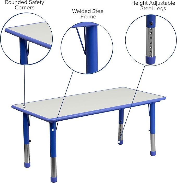 Flash Furniture Wren 23.625''W x 47.25''L Rectangular Blue Plastic Height Adjustable Activity Tables with Grey Tops, Set of 3