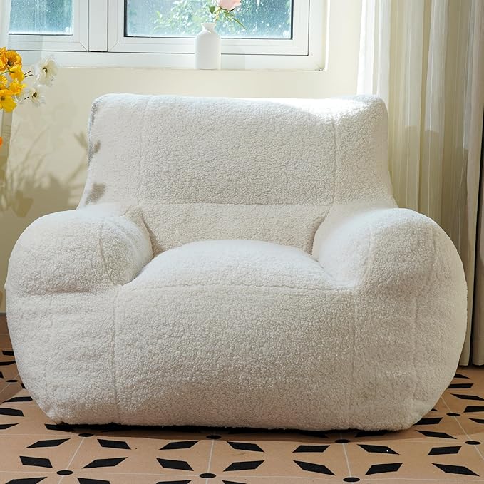 Giant Bean Bag Chair, Lambswool Bean Bag Chair for Adults, Eco-Friendly Filling Soft Bean Bag, White Been Bag for Bedroom, Living Room