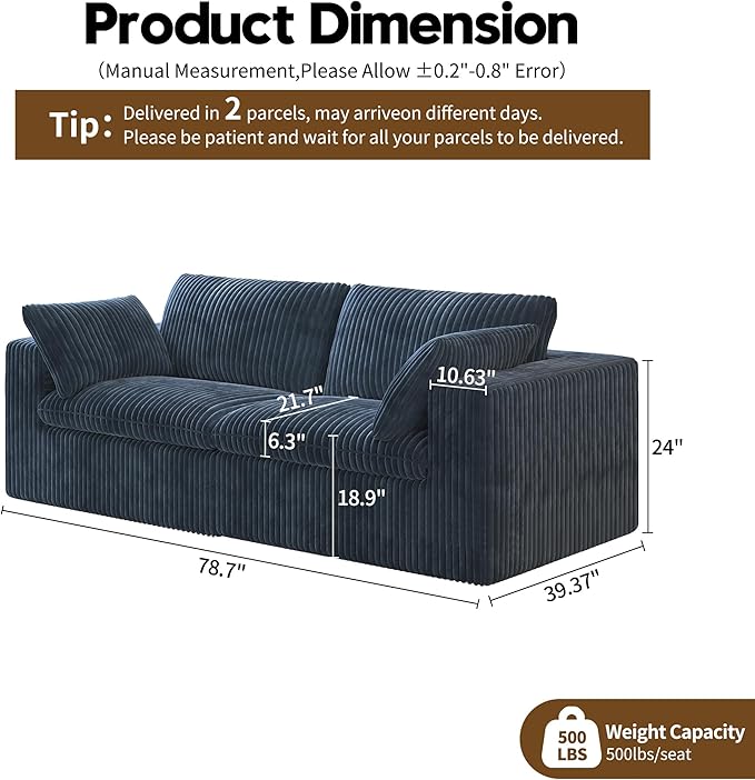 78.74" LoveSeat Cloud Sofa,Modular Sectional Couch,Modern Deep Seat Upholstered Couches with Plush Corduroy Fabric for Living Room Furniture,Bedroom and Apartment,No Assembly Required,Blue