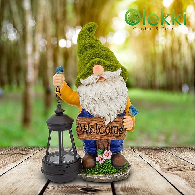 Garden Gnomes Outdoor - Flocked Gnome Statue Holding Lantern with Solar LED Lights | Gnomes Garden Decorations for Patio, Yard, Lawn Ornaments - Gnome Gifts