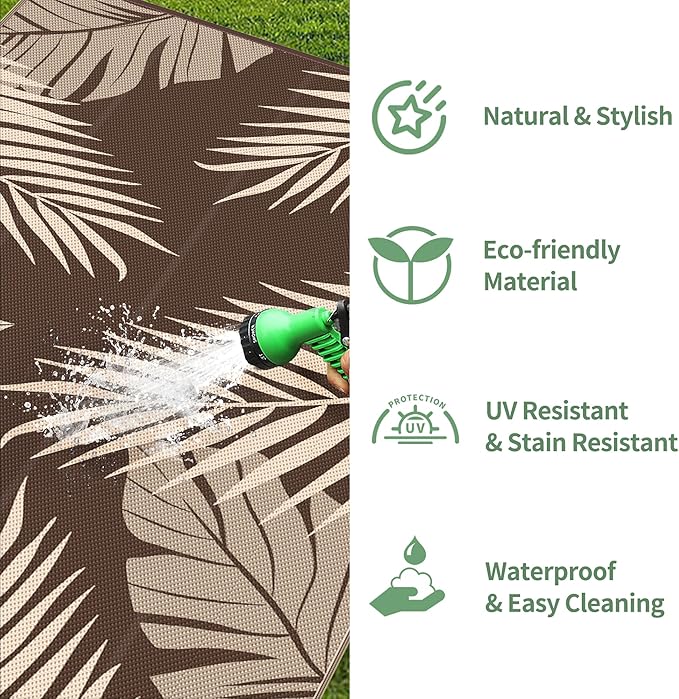 GENIMO Outdoor Rug 10' x 14' Waterproof for Patios Clearance, Reversible Outdoor Plastic Straw Camping Rug Carpet, Large Area Rugs Mats for RV, Camper, Deck, Balcony, Porch, Beach, Coffee&Beige