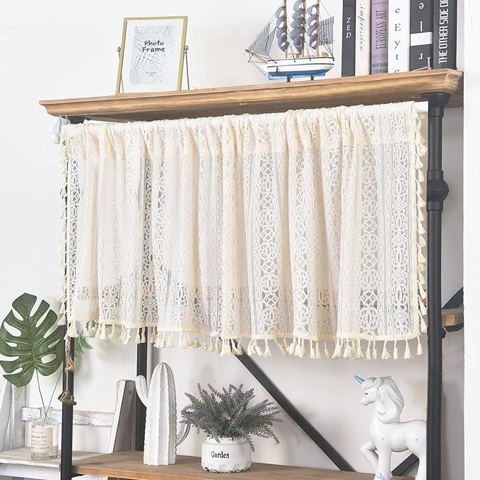 Sutuo Home Boho Sheer Curtain Valance Crochet Lace with Bohemian Hollow Knitted Handmade Tassels, Short Rustic Window Treatment for Kitchen Cafe, Rod Pocket, 1 Panel 59" W x 18" L, Beige