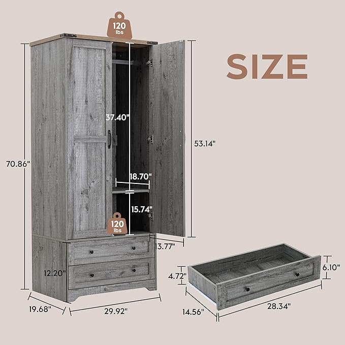 Brafab Armoire Wardrobe Closet with 2 Modern Doors, 71" Tall Freestanding Closet Wardrobe Cabinet with Drawers and Hanging Rail, Light Wooden Storage Cabinet with Shelve for Bedroom (Grey, 4 Doors)
