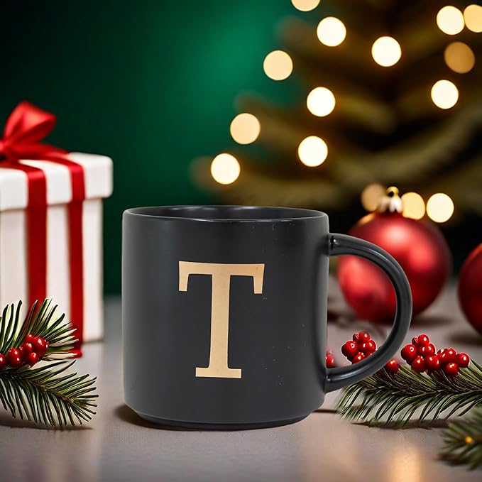 COLLECTIVE HOME - Monogram Ceramic Mugs, 15 oz Golden Initial Black Coffee Cups, Elegant Alphabet Tea Mugs, Elegant Personalized Mug with Gift Box, Unique Mug with Double Side Capital Lette (T)