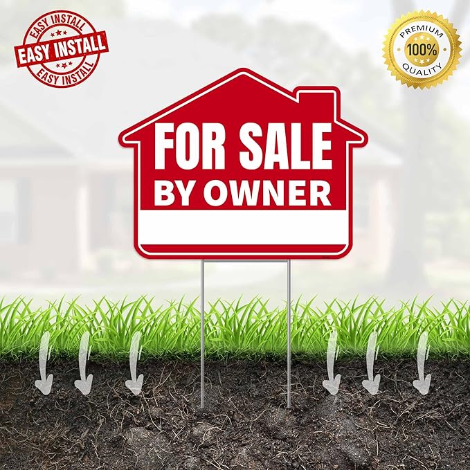 1PC For Sale By Owner Sign with Stakes, 17 Inches by 13 Inches - Double Sided Signs - Corrugated Plastic - FSBO Yard Sign for Home House Real Estate