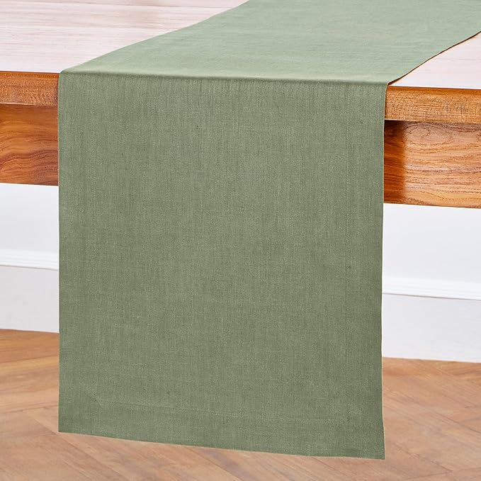 Solino Home Linen Oil Green Table Runner 132 Inches Long - 100% Pure Linen Extra Long Table Runner 14 x 132 Inch for Fall, Autumn, Thanksgiving - Fete