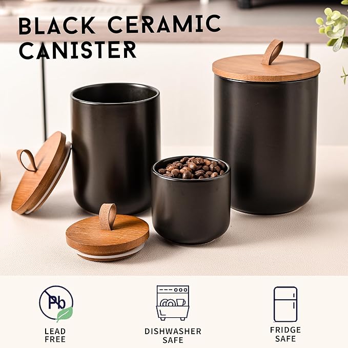 Black Ceramic Canister Set with Bamboo Lids, 3-Piece Airtight Food Storage Jars for Kitchen - Flour, Sugar, Coffee, Tea, Spice - Small, Medium, Large Sizes