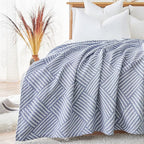 jinchan Boho 100% Cotton Blanket Muslin 50x60 Inches Lightweight 3-Layer Geometric Square Striped Pattern Reversible Quilt Throw Soft Breathable Comfy All Seasons for Couch Bed Decor, Blue