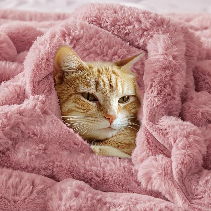 BEDELITE Faux Fur Throw Blanket for Couch, Soft and Cozy Luxurious 3D Striped Pink Fluffy Blanket, 770GSM Thick Warm Plush Fuzzy Faux Rabbit Fur Blanket for Women Gift, 50"x 60"