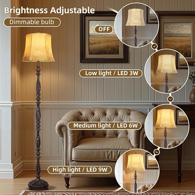 Scenekoy Vintage 66” Tall Floor Lamp for Living Room Bedroom, Retro Resin Carved Standing Lamp with Faux Leather Shade, 3-Way Dimmable Bulb, Rotary Switch Rustic Corner Light for Home Decor