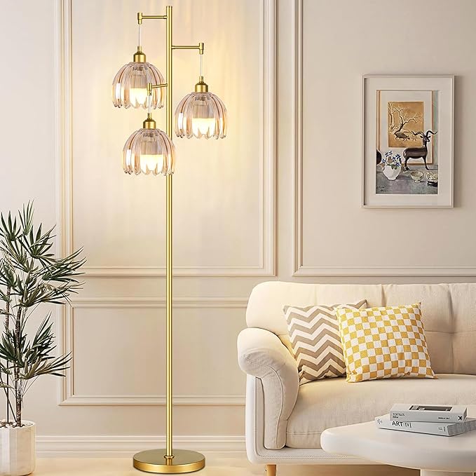 Gold Floor Lamp for Living Room,Bedroom,Tree 3 Light Standing Lamp Mid Century Modern Brass Tall Floor Lamps Vintage Retro Floor Lights Glass Flower Amber Lamp Shade Farmhouse Boho Bohemian