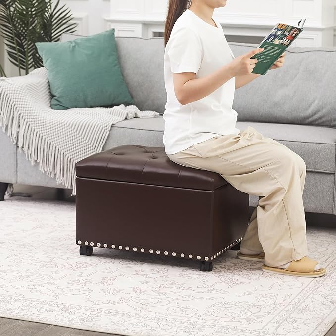 Joveco Leather Storage Ottoman with 360° Wheels 24" Rolling Foot Rest Bench Rectangle Ottomans Stool for Living Room Bedroom (Brown, Wheels)