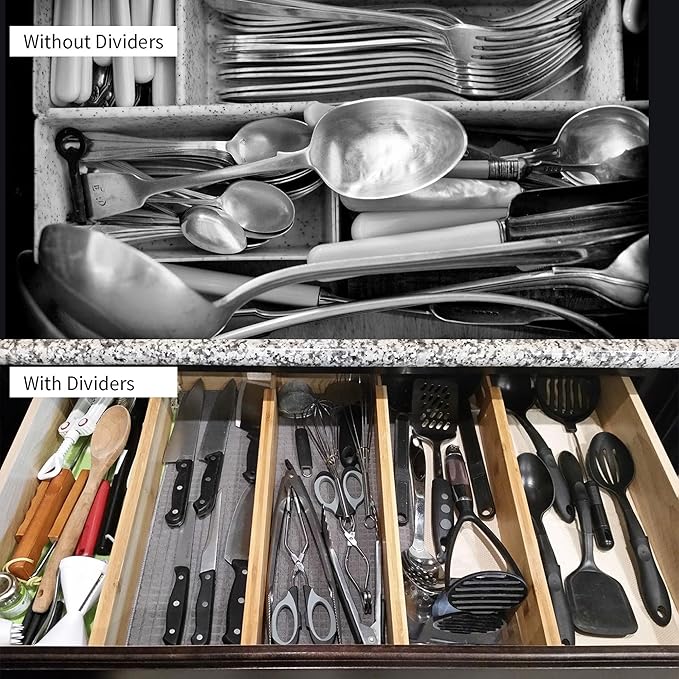 Utoplike Small Bamboo Kitchen Drawer Dividers(Fits 15"-17.7" Drawer Inner Size), 4 PCS Adjustable Drawer Organizers for Socks, Spring Loaded, Works in Drawer for Bedroom, Dresser