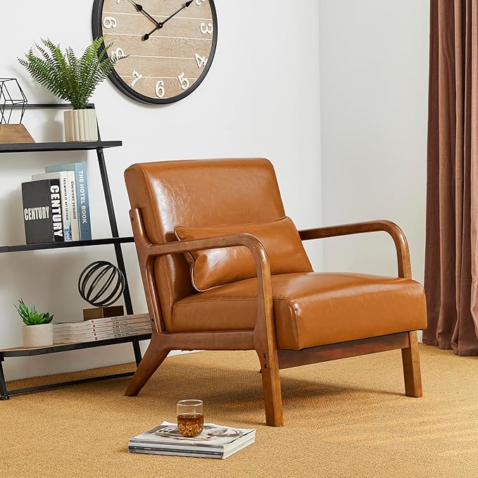 Glitzhome 2 Set Mid Century Yellowish Brown Accent Armchair, Single Reading Armchair PU Leather Lounge Chair with Walnut Ruberwood Frame