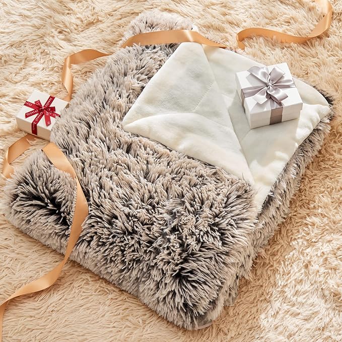 GONAAP Fuzzy Faux Fur Throw Blanket Frosty Brown Super Soft Cozy Plush Fuzzy Shaggy Blanket for Couch Sofa Bed (Frosty Brown, Throw(50"x60"))