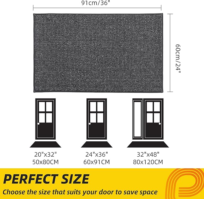 JSEI Dirt Trapper Door Mat 24"x36" Non-Slip Washable Entrance Mat, Dog Doormats, Absorbent & Fade-Resistant Floor Mats, Low Profile Welcome Mats for Entryway, Front Door, and Inside Entrance,Dark Grey