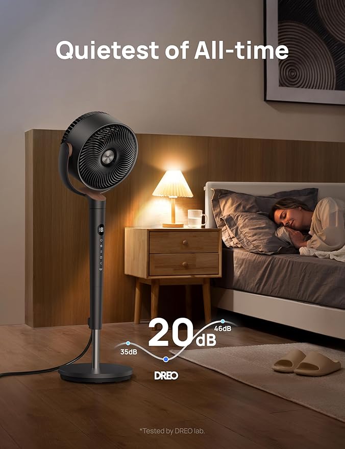 Dreo Fan for Bedroom, 120° Oscillating Standing Fans, Quiet Floor Fan with DC Motor, 100ft Pedestal Fans for Room, 9 Speeds, 4 modes, 20dB, 120° Manual Vertical, 37-42" Adjustable Height, 9H Timer
