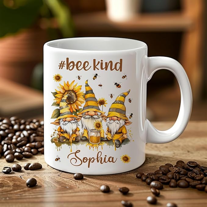 Hyturtle Personalized Bee Gnomes Mug - Bee Keeper Gifts For Women - Honeybee Gifts For Gnomes Lover - Animals Present For Lover - Teacher Appreciation Present - Custom Coffee Cup Ceramic Mug 11 15 Oz