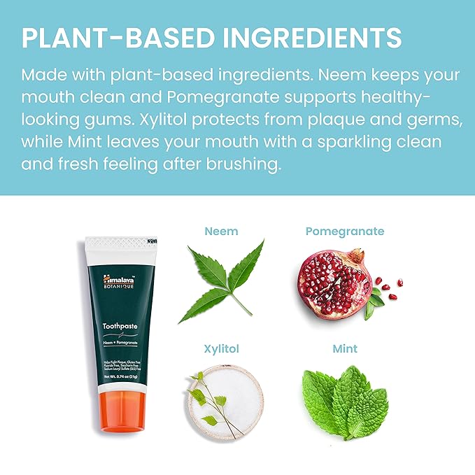 Himalaya Botanique Neem & Pomegranate Travel Toothpaste, Mint Flavor - Travel Size Fluoride Free Toothpaste Fights Plaque & for Fresh Breath - Vegan, Gluten Free, No SLS, 0.74 oz (Pack of 20)