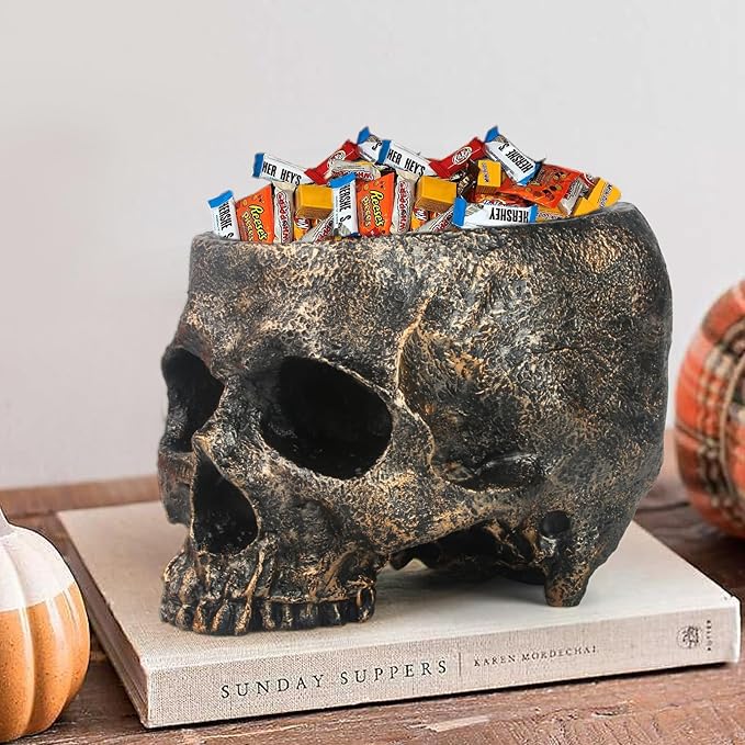 GameXcel Halloween Skull Candy Dish - Large Skull Candy Bowl for Trick or Treat - Skeleton Head Treat Container Planter or Desktop Halloween Decor - Bronze Resin