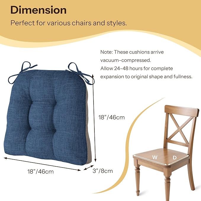 Non Slip Chair Cushions for Dining Chairs Set of 4 Kitchen Chair Cushions 18"x18"x3" Turfted Chair Pads Comfortable and Soft Seat Cushion with Ties, Royal Blue