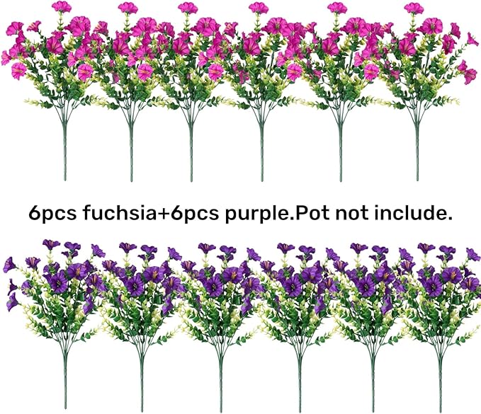 Artificial Flowers for Outdoors Fake Plants Outside Decoration, 12 Bundles Silk Colorful Morning Glory with Eucalyptus UV Resistant Realistic Faux Flowers for Planter Porch Patio Yard Garden