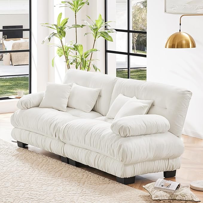Loveseat Modular Sectional Sofa, Cloud Couch 2 Seater Sectional Couch Home Sofa Living Room Oversized Couch, Modern Deep Seat Couch with Chaise with Round Bolster Armrests 4 Pillows(White)