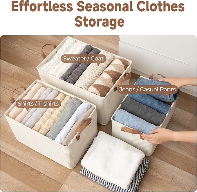 StorageWorks Storage Bins, Shelves Baskets for Organizing, 45L Extra Large Fabric Closet Organizers with Handles, Metal Frame, Beige（Texture）, 2-Pack