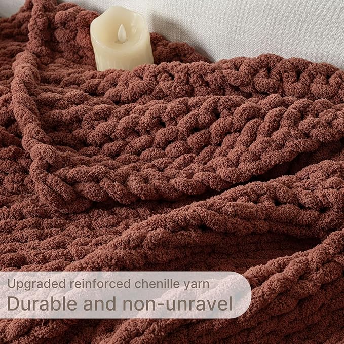 Chunky Knit Blanket Throw, 100% Hand Knit Throw Blanket Handmade Chenille Cable Knit Throw for Couch, Stylish Cozy Soft Rope Knot Crochet Blanket for Home Decor, Copper Brown, 50x60 Inches