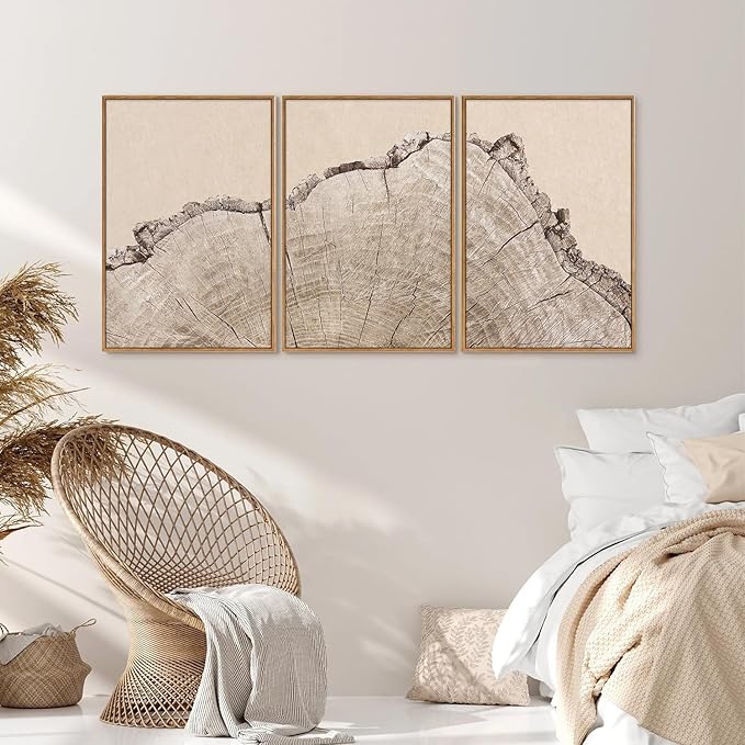 SIGNINART Large Tree Ring Framed Canvas Wall Art Set, Rustic Beige Wooden Wall Decor, Neutral Nature Wood Stump Artwork, Modern Art Prints for Bedroom Living Room Office 24"x36"x3