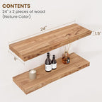 Floating Shelves for Wall Decor, Rustic Solid Elm Wood Live Edge Floating Shelves Wall Mounted, Wall Shelves with Invisible Bracket for Living Room Bathroom Bedroom Kitchen, 24 Inch Set of 2, Natural