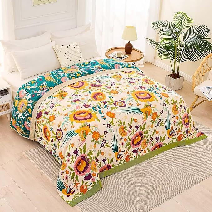 Boho Throw Blanket for Bed, 100% Cotton Soft Rustic Quilt Fall Blanket, 90"x98" Floral Printed Farmhouse Decor Bed Blankets, All Season Rustic Reversible Bohemian Throw Quilt