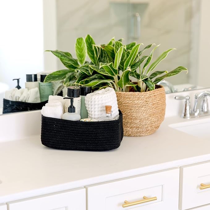 NaturalCozy 11.8"x8"x4.5” Rectangle Storage Baskets for Shelves 3 Pack | Cotton Rope Woven Small Baskets for Organizing | Small Storage Bins for Nursery, Bathroom, Closet, Shelf, Decorative, Gift