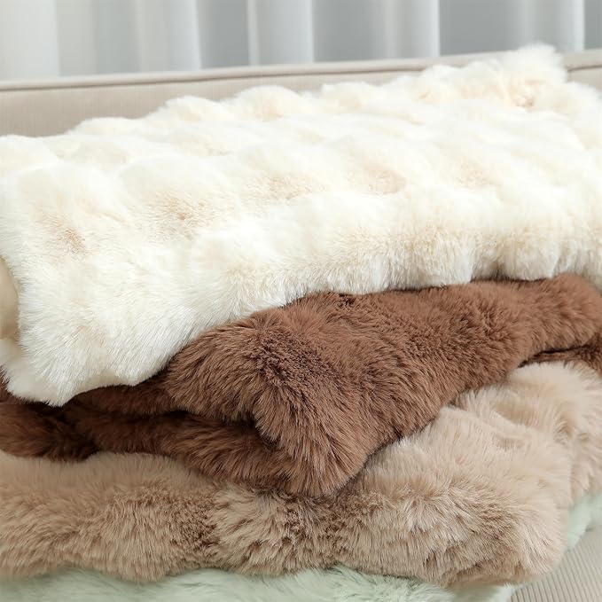RYNGHIPY Faux Rabbit Fur Throw Blanket Ruched Plush Fuzzy Blanket for Couch Bed Sofa Heavy Warm Comfy Throws for Living Room Bedroom Machine Washable (Solid Brown, 51''x63'')