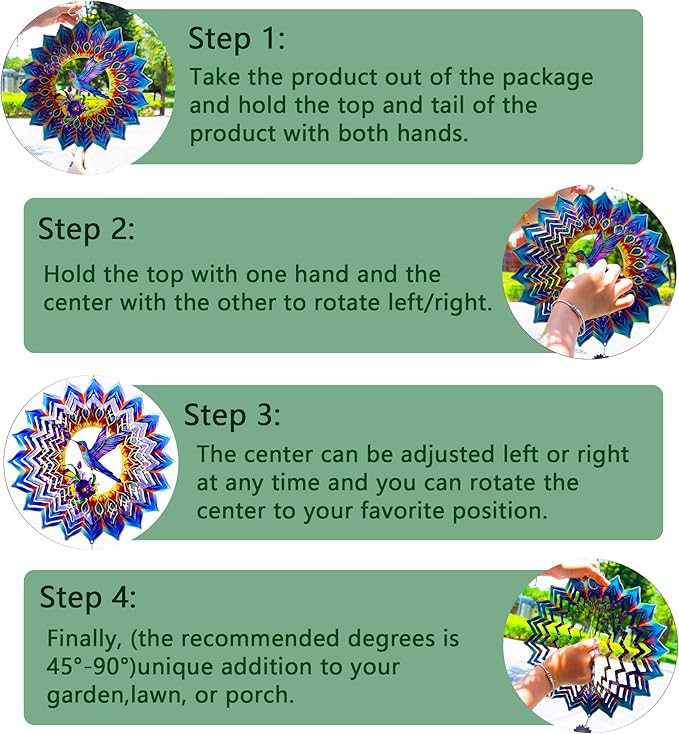 Hummingbird Wind Spinner,Hanging Wind Spinners Outdoor for Garden Decoration，12 inch 3D Stainless Steel Wind Sculpture for Indoor/Outdoor Decor