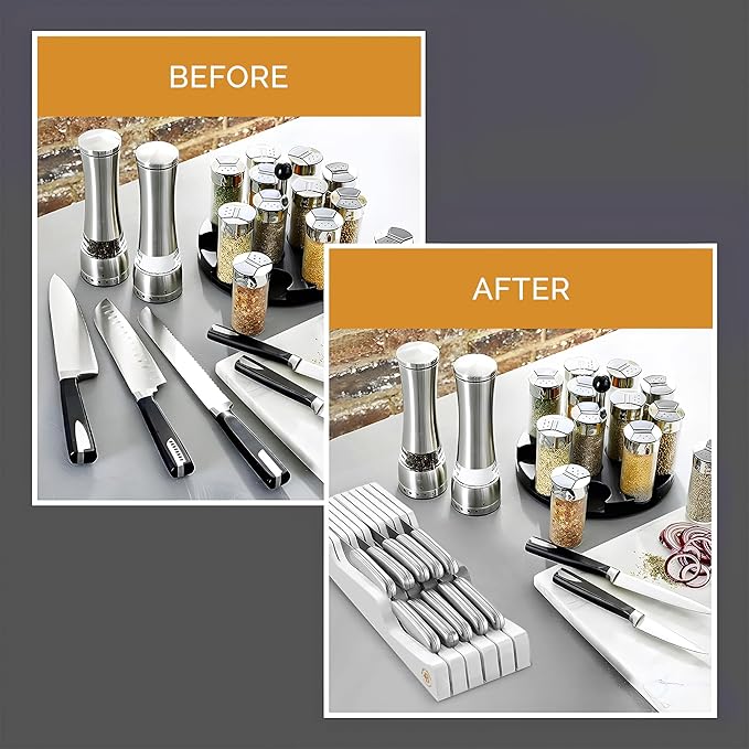 In-Drawer Knife Block Organizer - Bamboo Wood Drawer Knife Organizer - Holds 5 Long + 6 Short Knives (Not Included) - Store Knives with Blades Pointing Down