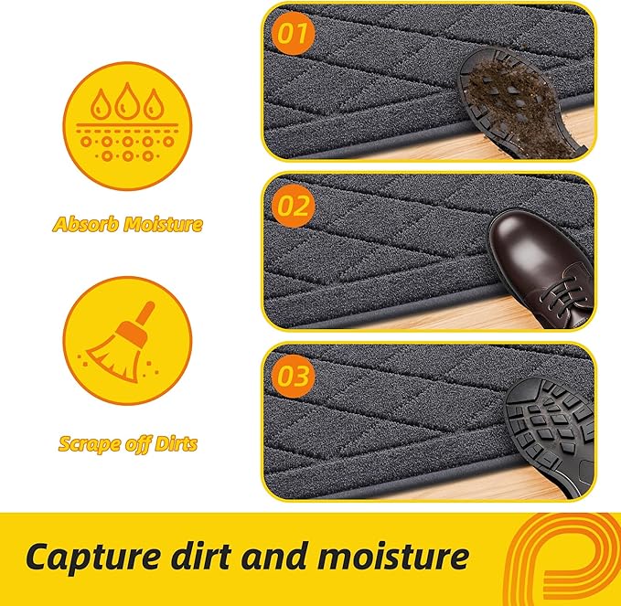 JSEI Dirt Trapper Door Mat 36"x60", Non-Slip Washable Entryway Mats, Dog Door Mat, Stain Resistant and Absorbent Floor Mats, Low Profile Welcome Mat for Front Back Door, Dark Grey