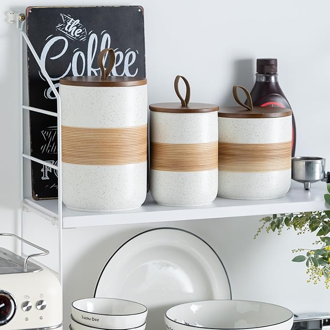 Coffee Container Jar with Lid, Ceramic Kitchen Food Storage Jars for Spice Sugar Cookie, Stackable Decorative Jars for Coffee Bar, White & 28oz
