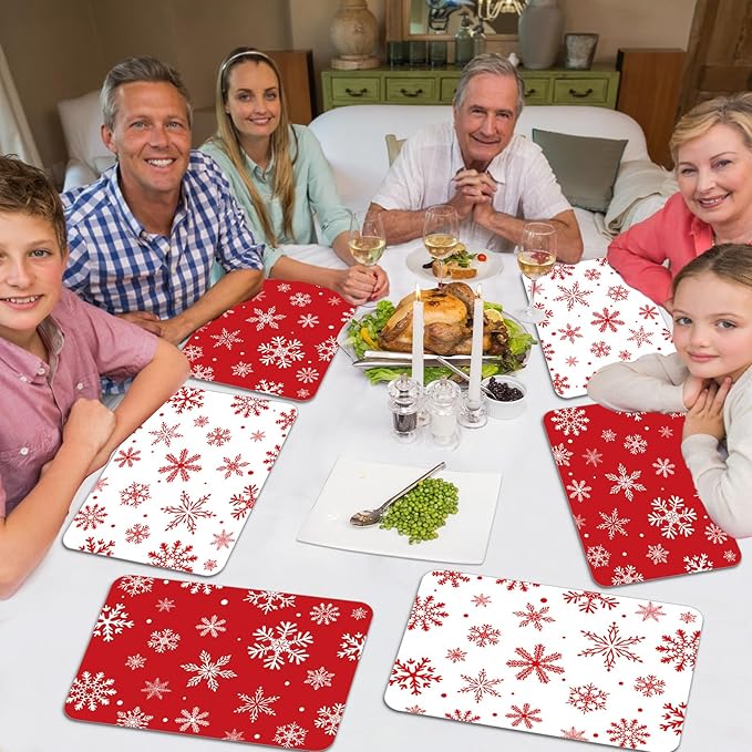 Christmas Placemats Set of 6 Christmas Red and White Snowflake Plastic Table Mats Winter Place Mats Washable Seasonal Xmas Winter Holiday Table Decoration for Indoor Outdoor Party Kitchen Dining