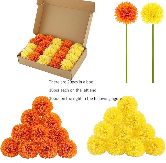 Kimura's Cabin 20Pcs Fake Silk Ball Flowers Artificial Chrysanthemum Faux Mums Bouquets Wedding Arrangements Halloween Home Table DIY Center Decoration (Orange Yellow)