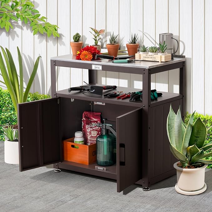Garden Potting Bench with Storage Cabinet,Outdoor Gardening Table & Work Bench for Plants, Horticulture,Outdoor Workstation with Stainless Steel Tabletop,Outdoor Work Table