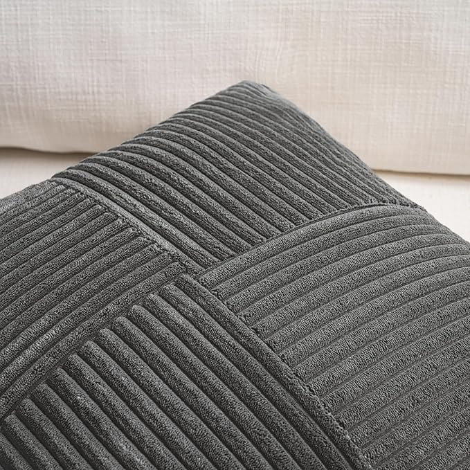 Fancy Homi 2 Packs Dark Gray Decorative Throw Pillow Covers 16x16 Inch for Living Room Couch Bed, Rustic Farmhouse Boho Home Decor, Soft Corss Patchwork Corduroy Textured Square Cushion Case 40x40 cm