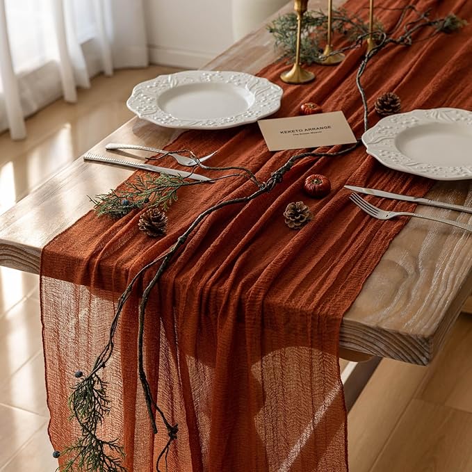 3pcs Fall Terracotta Table Runner Rust Gauze Rustic Cheesecloth 120 Inch 10 FT for Wedding Baby Shower Bridal Shower Birthday Engagement Garden Party Sheer Boho Thanksgiving Decorations