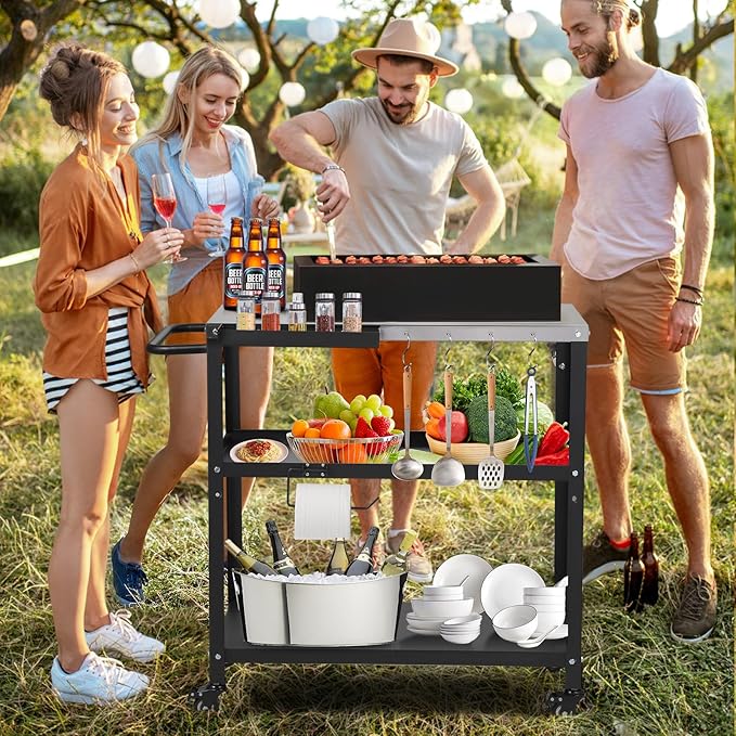 Outdoor Grill Cart Table,Indoor and Outdoor Pizza Oven Table,with 4 Movable Total Lock Casters, Hooks, Side Handle Multifunctional (Stainless Steel Table)