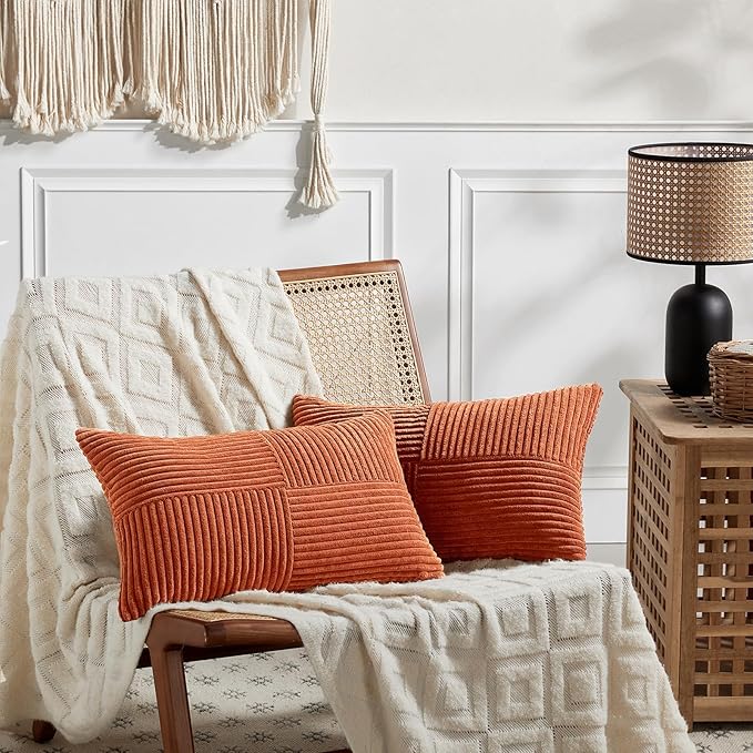 Fancy Homi Set of 2 Burnt Orange Long Lumbar Decorative Throw Pillow Covers 12x24 Inch for Living Room Couch Bed, Boho Farmhouse Fall Home Decor, Soft Corduroy Corss Textured Cushion Case 30x60 cm