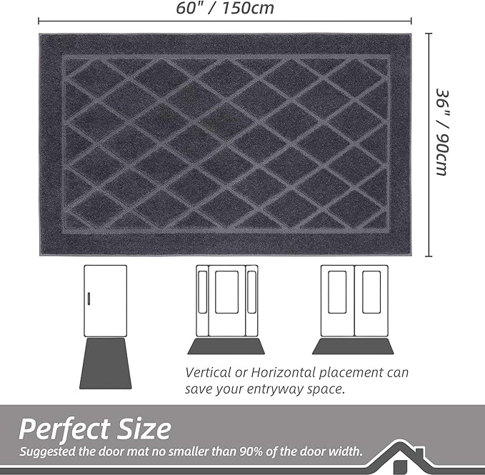 BEQHAUSE Dirt Trapper Door Mat 36" x 60", Doormat Non-Slip Entryway Rugs Washable, Dog Door Mat Stain Resistant and Absorbent Welcome Floor Mat for Front Back Door, Muddy Wet Shoes & Paws, Dark Grey