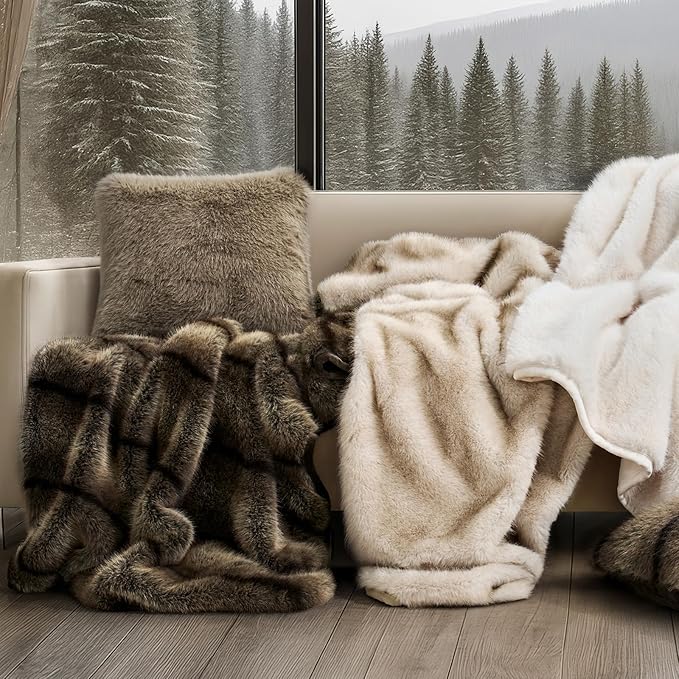 Luxury Faux Fur Throw Blanket, Soft Fluffy Faux Mink Blankets for Bed, Couch, Sofa, Thick Cozy Plush Warm Fur Throws with Reversible Velvet, Tipped Golden Fox, 60"x80"